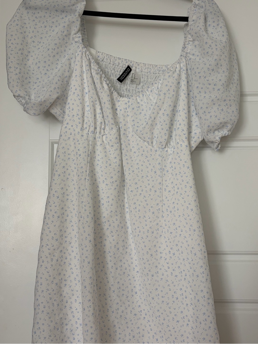 White Cottagecore Puff Sleeve Midi Dress with Blue Floral Print